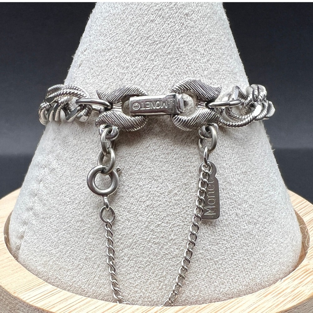 Vintage Monet Double Curb Link Bracelet Silver Tone Textured Safety Chain Signed